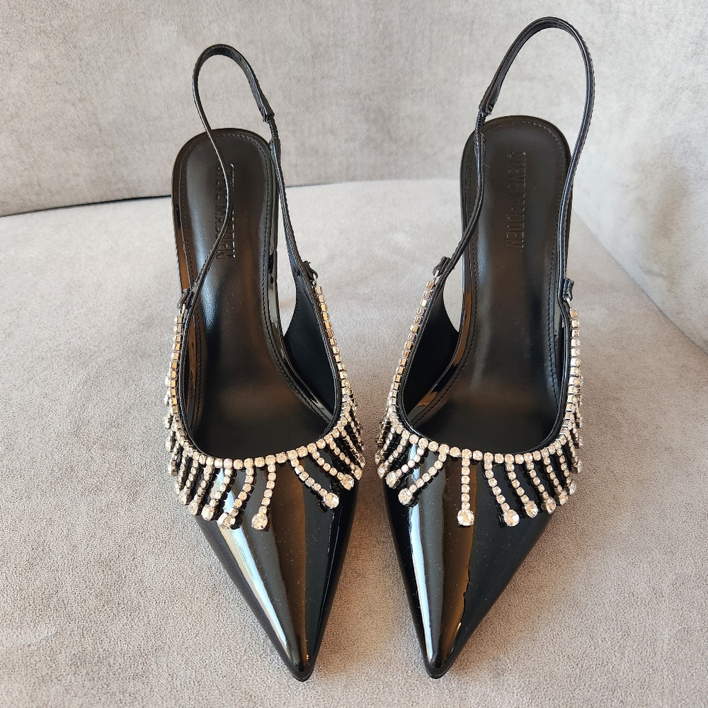 Steve Madden Pumps 10 Black Patent Thrill Rhinestone Fringe Slingback New $110